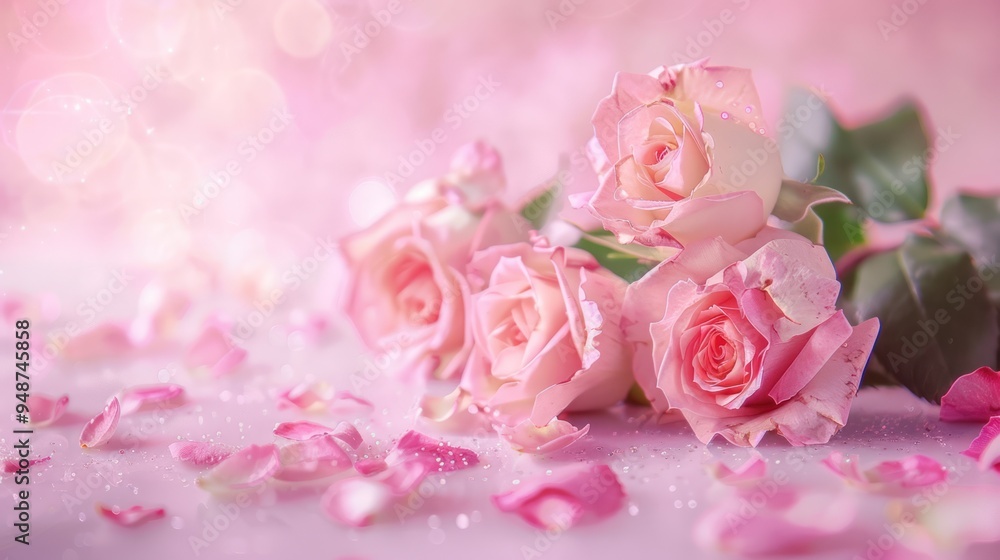 Obraz premium Delicate pink roses on soft pink background, floral arrangement, pastel colors, romantic composition, rose petals scattered, fresh blooms, gentle lighting, Valentine's Day theme
