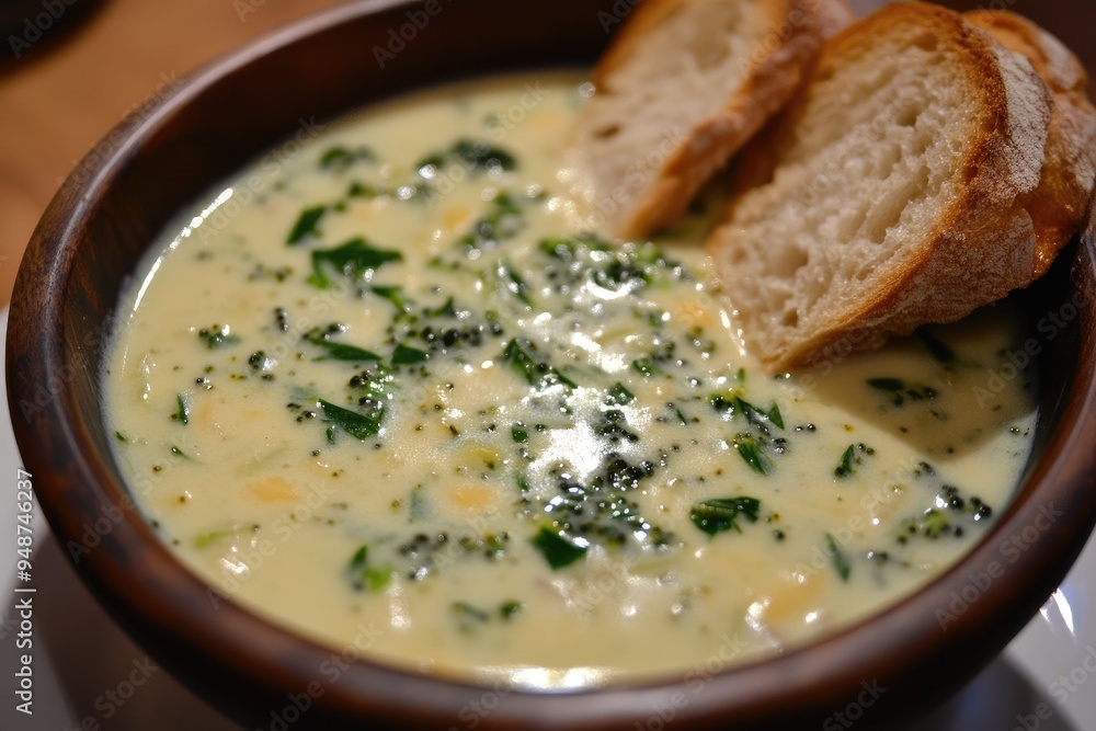 Creamy broccoli soup in bowl with bread. Perfect for a cozy dinner or lunch, this soup is both delicious and comforting. Creamy broccoli soup in bowl with bread. Perfect for a cozy dinner or lunch, this soup is both delicious and comforting.