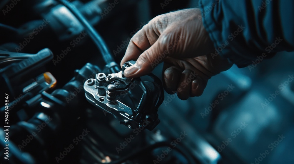 Close-up of a Hand Adjusting a Motorcycle Brake Caliper Close-up of a Hand Adjusting a Motorcycle Brake Caliper