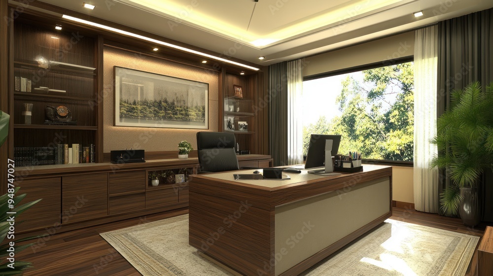 Fototapeta premium Modern home office with a wooden desk, leather chair, and a large window with a view of trees.