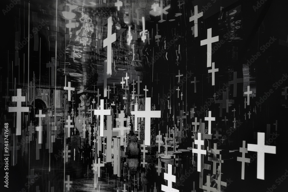 Obraz premium An artistic representation of a city filled with multiple crosses, reflecting themes of spirituality and urban life., Crosses and inverted crosses blending in a surreal mix, Ai generated