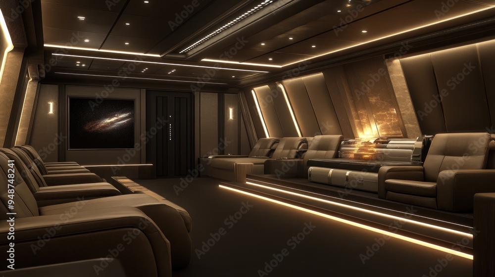 Fototapeta premium Modern home theater with plush seats and a large screen displaying a nebula.