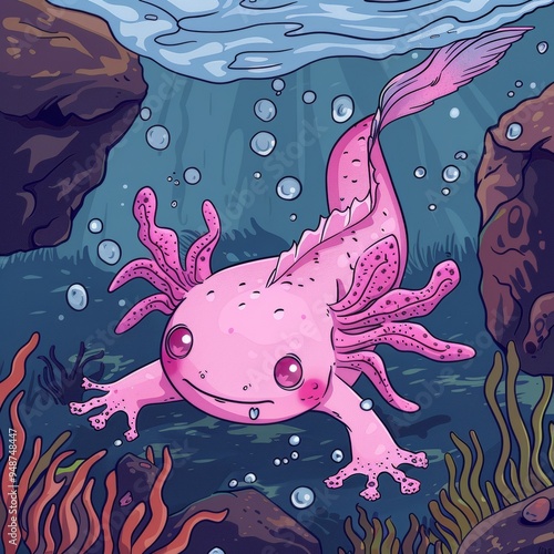 Cartoon pink axolotl with large eyes, swimming in an underwater scene with rocks, seaweed, and bubbles. photo