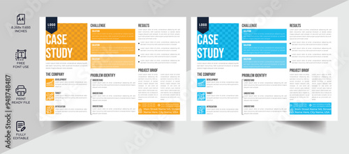 Case study flyer template for corporate business project with company logo and icon. Professional annual report with creative modern background. Marketing poster, brochure or research paper.