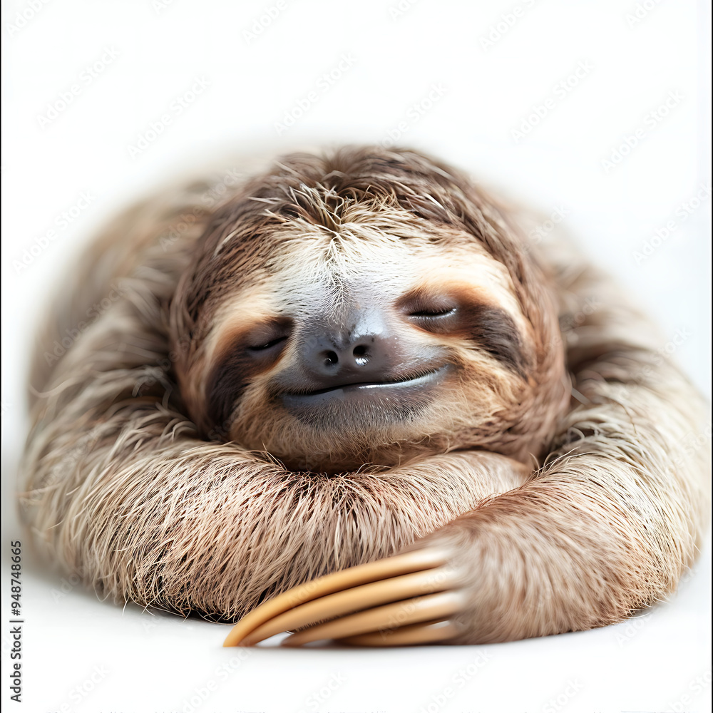 Fototapeta premium A content sloth resting peacefully with a joyful expression, showcasing a relaxed demeanor. Its fur is soft and fluffy, providing a serene contrast against the clean white background