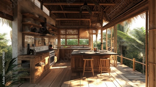 Rustic kitchen island with wooden countertop and three stools in a tropical hut with wooden beams, thatched roof, and large windows overlooking a lush green jungle.