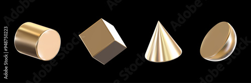 Set of 3D geometric shapes in the form of a cylinder, square, pyramid and semicircle with gold texture. Abstract simple metal shapes in three-dimensional space.