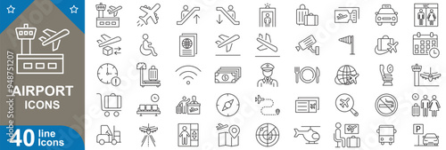 Airport icons set. Travel, airline, terminal, flight, pilot, departure, arrival, security, baggage claim, information and more. vector illustrator.