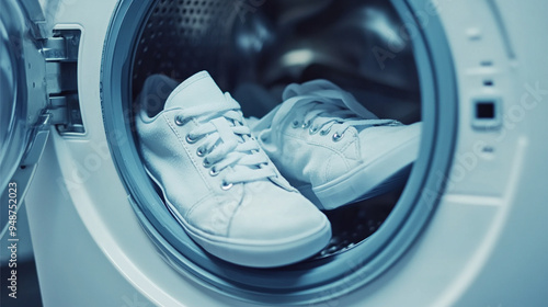 White sneakers in a washing machine