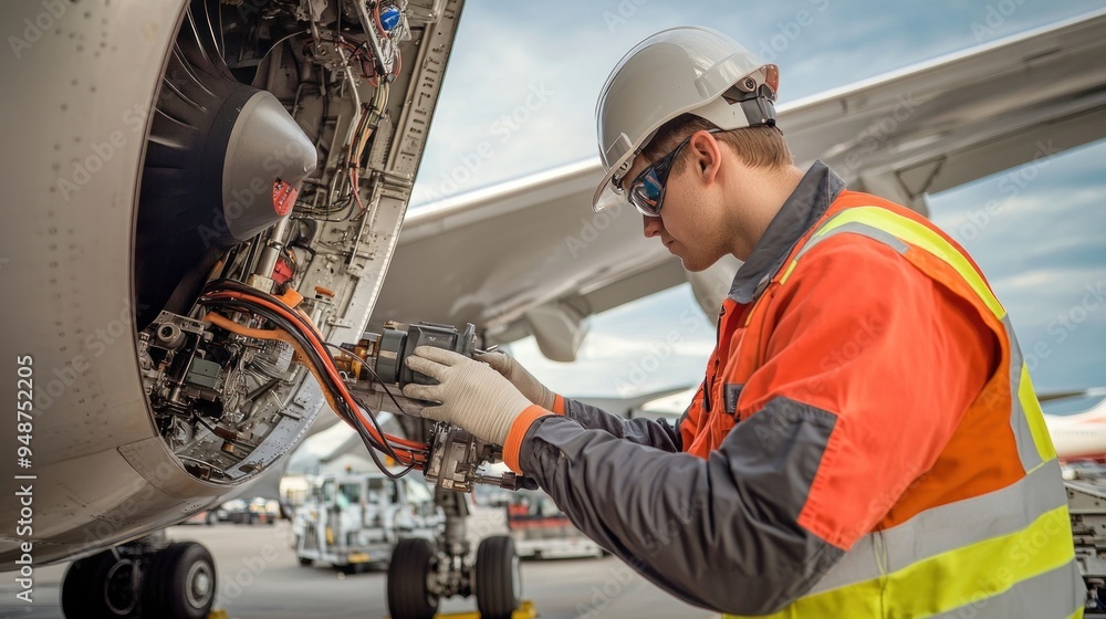 Airplane Mechanic Inspecting Engine Airplane Mechanic Inspecting Engine