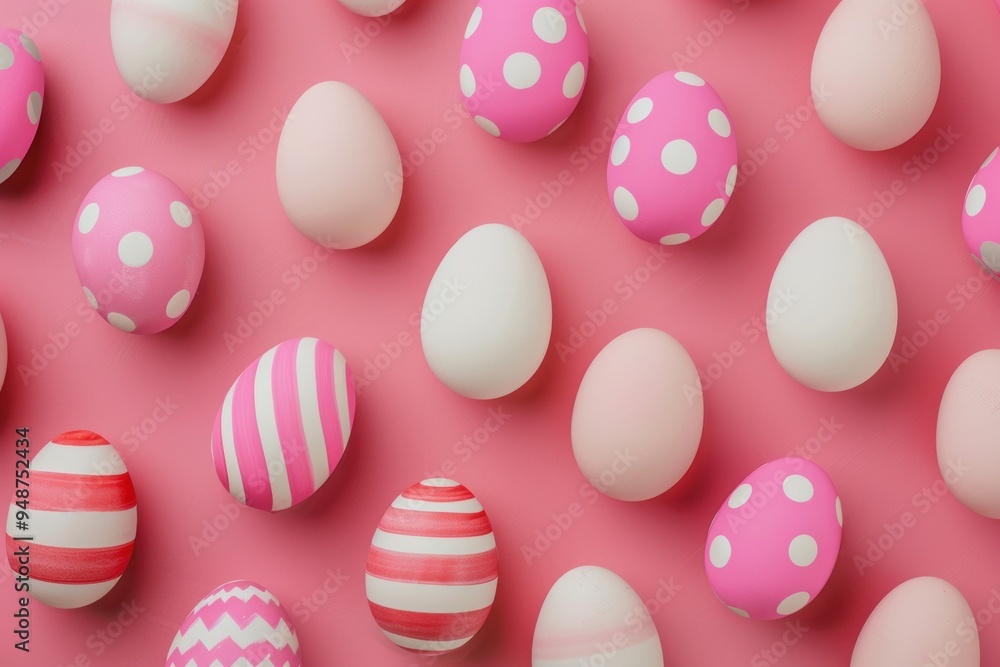 Pattern of pink and white Easter eggs over pink background Pattern of pink and white Easter eggs over pink background