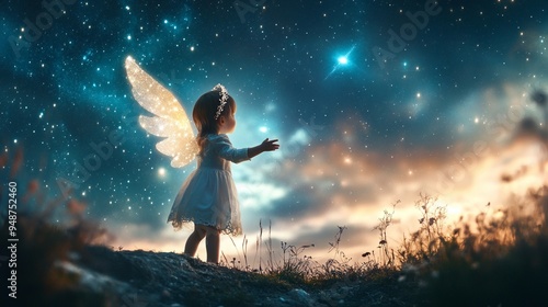 Whimsical Child with Fairy Wings in a Starry Night Sky