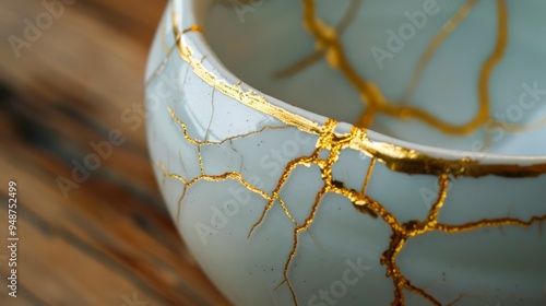 Close-up of a ceramic bowl with gold kintsugi repair.