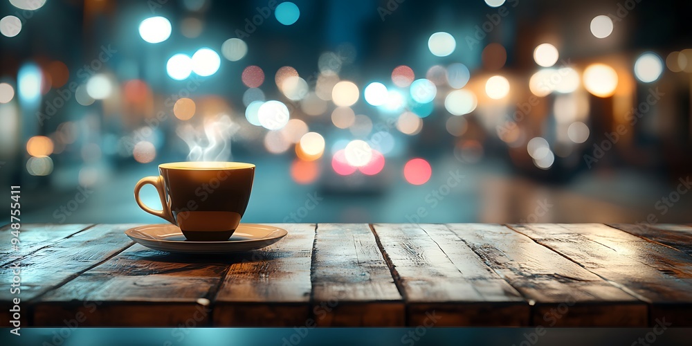 A steaming cup of coffee sits on a wooden table with a blurry city background at night. A steaming cup of coffee sits on a wooden table with a blurry city background at night.