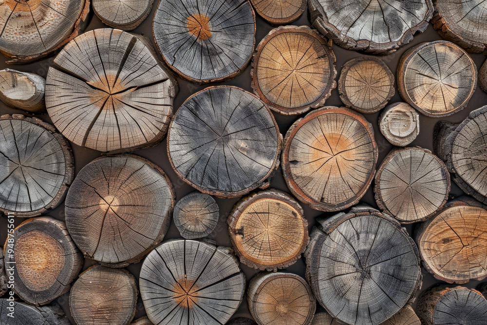 A wall made of wood logs, with each log having a unique shape and size A wall made of wood logs, with each log having a unique shape and size