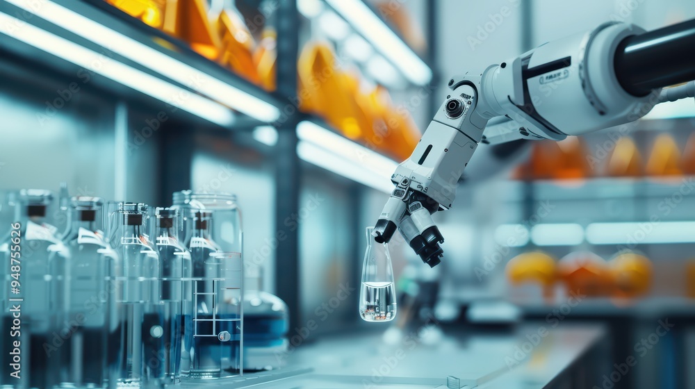 A robotic arm executing precise tasks in a modern laboratory filled with glass containers and advanced scientific equipment. A robotic arm executing precise tasks in a modern laboratory filled with glass containers and advanced scientific equipment.