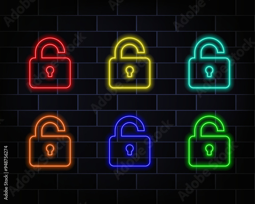 Neon padlock. Lock unlock. Concept lock neon style on dark background. Vector illustration. red, yellow, blue, orange and green.