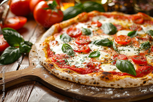 A pizza with tomatoes and basil on top of a wooden board