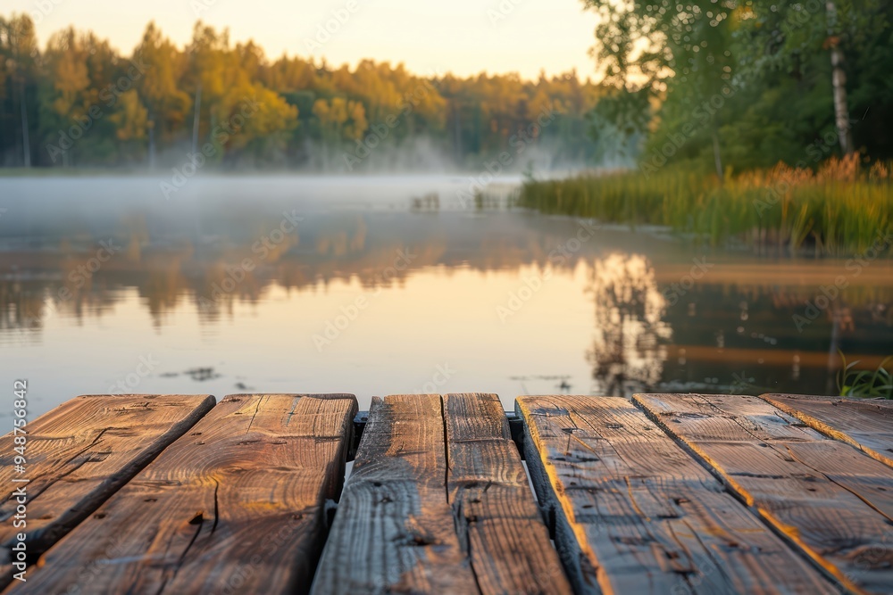 A serene lakeside view at dawn with mist rising above the water and lush greenery surrounding the wooden dock. A serene lakeside view at dawn with mist rising above the water and lush greenery surrounding the wooden dock.