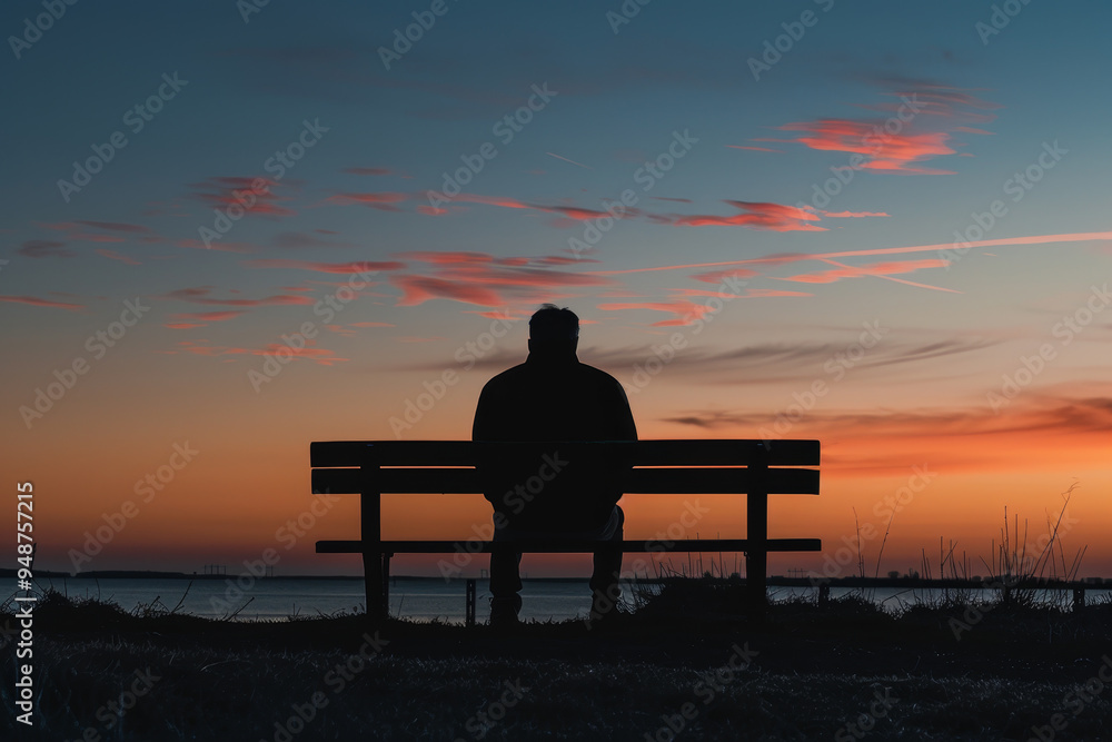 Obraz premium A man sits on a bench overlooking a body of water