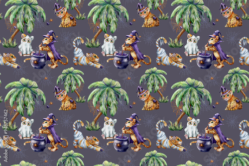 seamless watercolor pattern of tigresses and Halloween photo