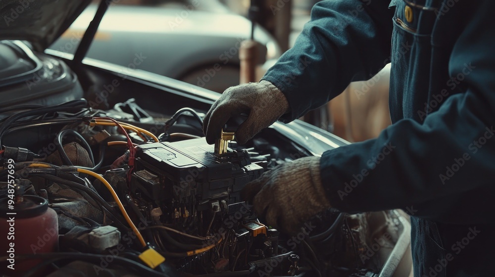 Mechanic Working on a Car Engine Mechanic Working on a Car Engine