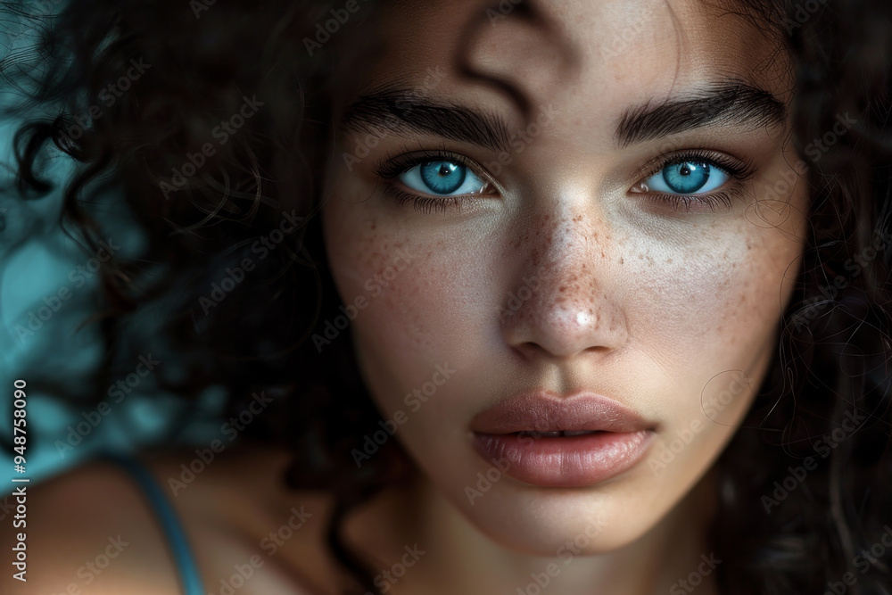 A woman with blue eyes and a full face of freckles A woman with blue eyes and a full face of freckles