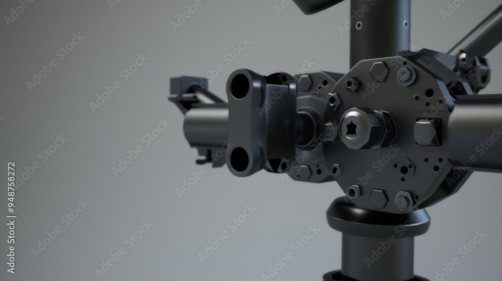 Closeup of a black metal machine part with bolts and intricate details. Closeup of a black metal machine part with bolts and intricate details.