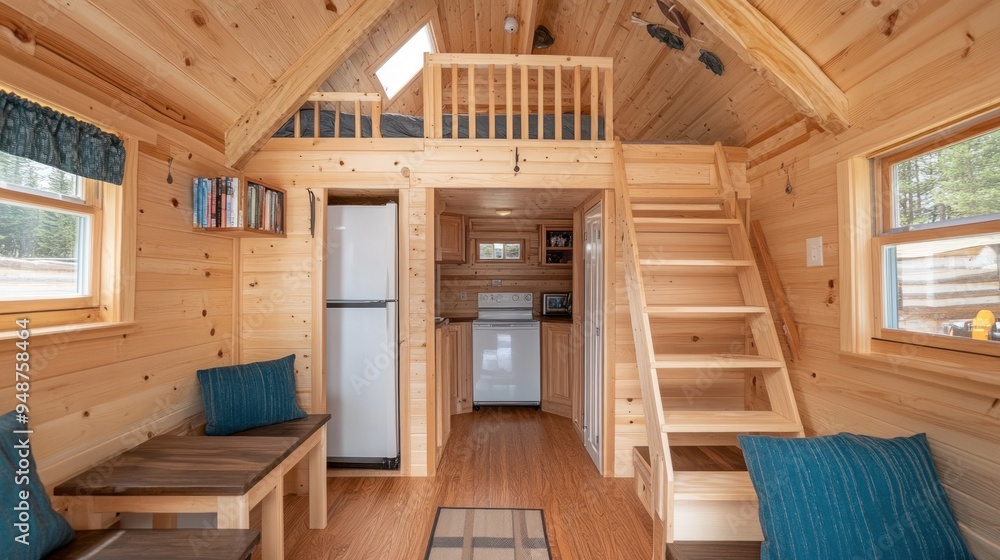 Tiny home interior with wooden details and loft bed. Tiny home interior with wooden details and loft bed.