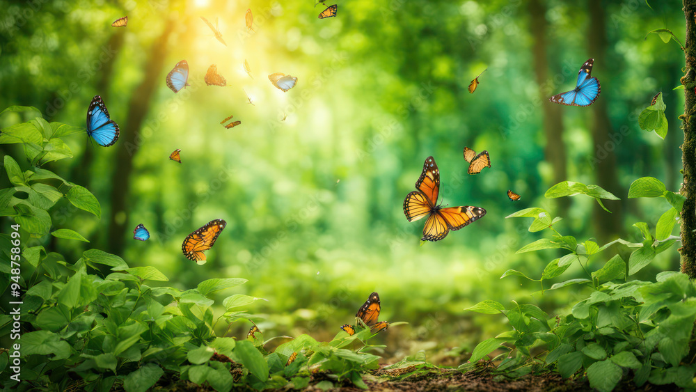 Illustration of Butterflies flying and dancing in a Green Paradise of a green forest Illustration of Butterflies flying and dancing in a Green Paradise of a green forest