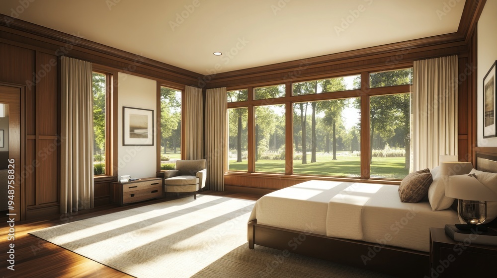 A modern bedroom with large windows overlooking a lush green lawn A modern bedroom with large windows overlooking a lush green lawn