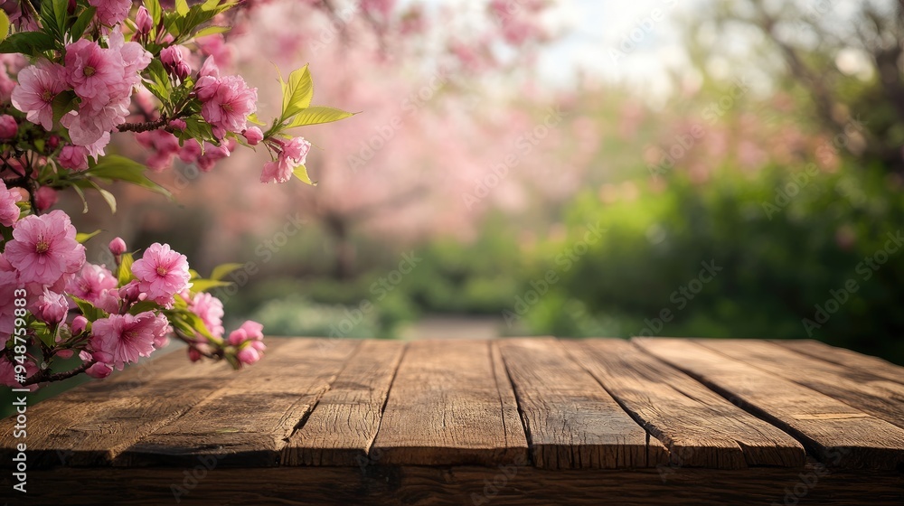 Wooden table with blurred pink flowers. Perfect for displaying products or showcasing springtime themes. Wooden table with blurred pink flowers. Perfect for displaying products or showcasing springtime themes.