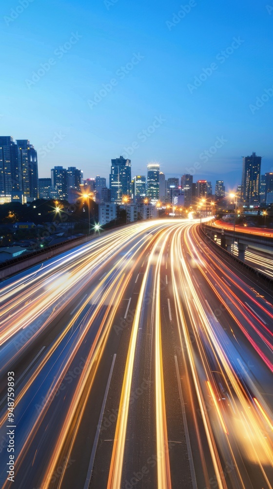 Obraz premium The motion blur of a busy urban highway during the evening rush hour. The city skyline serves as the background, illuminated by a sea of headlights and taillights.