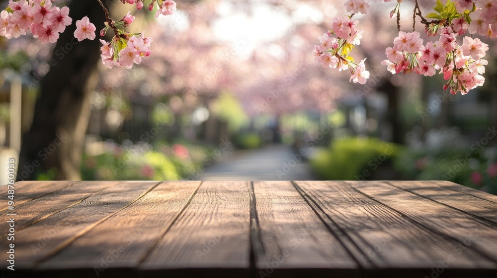 Wooden table with blurred background of pink flowers. Perfect for showcasing products or creating a spring-themed design. Wooden table with blurred background of pink flowers. Perfect for showcasing products or creating a spring-themed design.