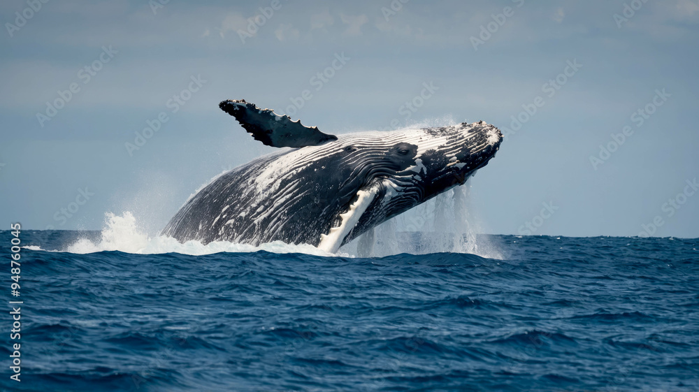 Fototapeta premium A humpback whale breaches the ocean, displaying its massive body as water cascades off its fins.