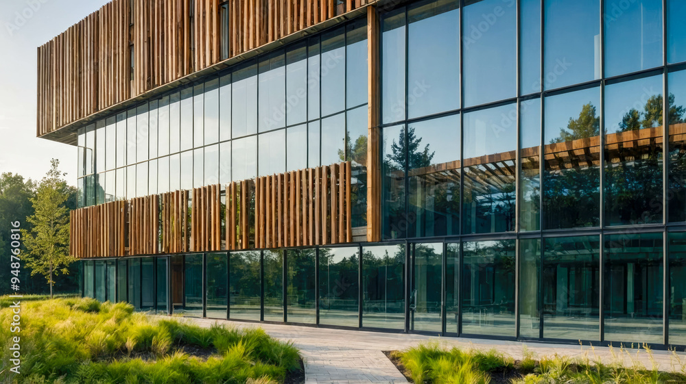 Fototapeta premium Eco-friendly architectural design featuring glass facades and wooden accents in a green courtyard