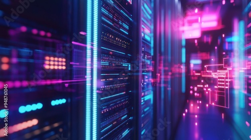 Neon Server Room: Data and Technology in a Digital Landscape