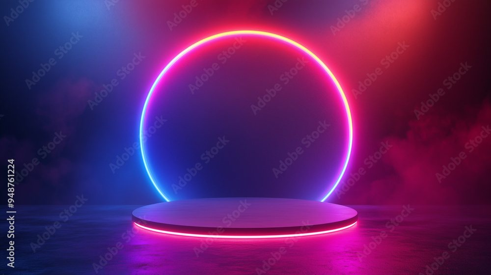 Neon light podium, product presentation pedestal, mockup, product display, black friday, cyber monday. Technological abstract background with empty space, 3D render, illustration. Neon light podium, product presentation pedestal, mockup, product display, black friday, cyber monday. Technological abstract background with empty space, 3D render, illustration.