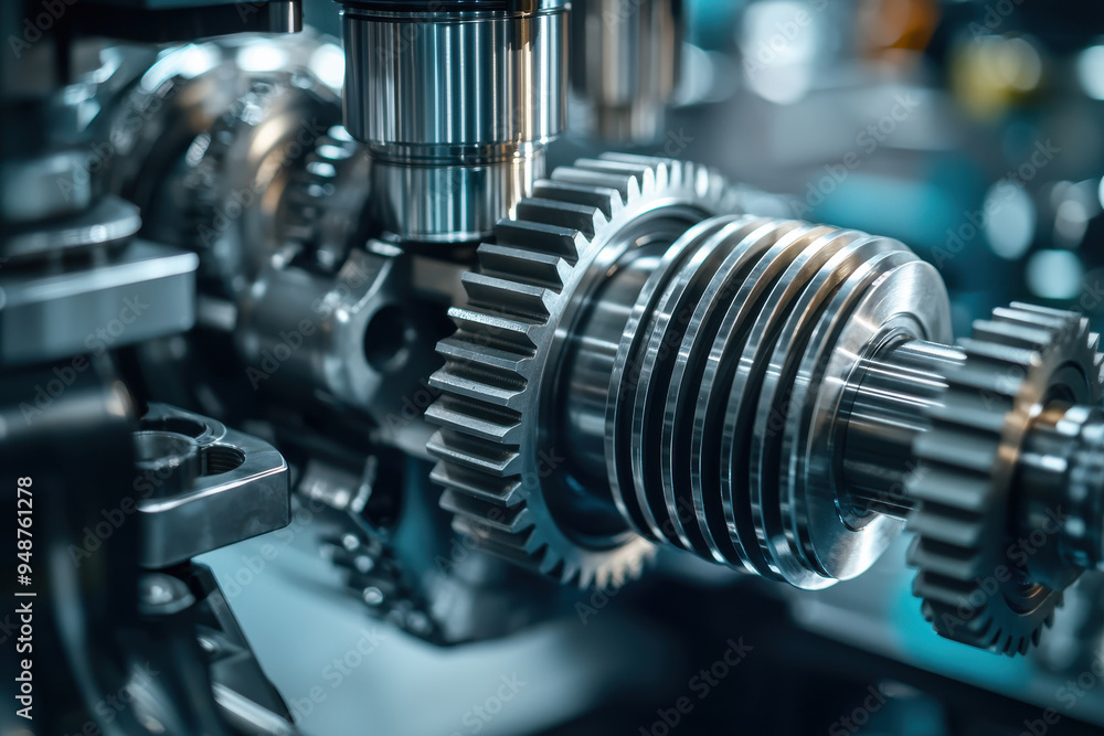 Close-up view of a metallic gear in a high-precision machine, showcasing intricate details and modern engineering design. Close-up view of a metallic gear in a high-precision machine, showcasing intricate details and modern engineering design.