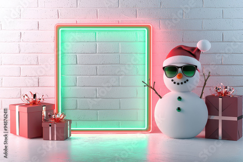 Festive snowman with sunglasses beside gifts and a glowing frame on a white brick wall, perfect for holiday celebrations. photo