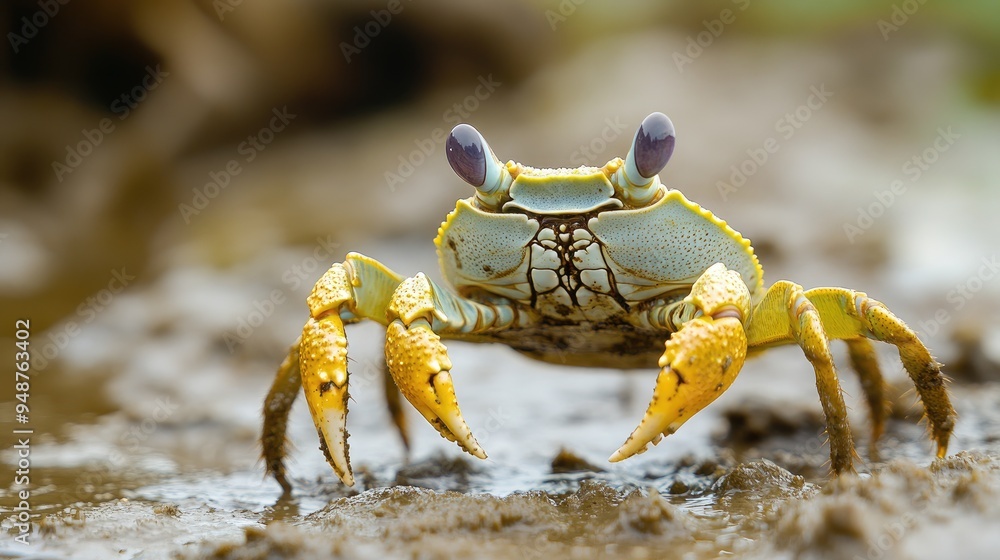 A close-up of a vibrant yellow crab. Perfect for illustrating marine life and showcasing the beauty of nature. A close-up of a vibrant yellow crab. Perfect for illustrating marine life and showcasing the beauty of nature.