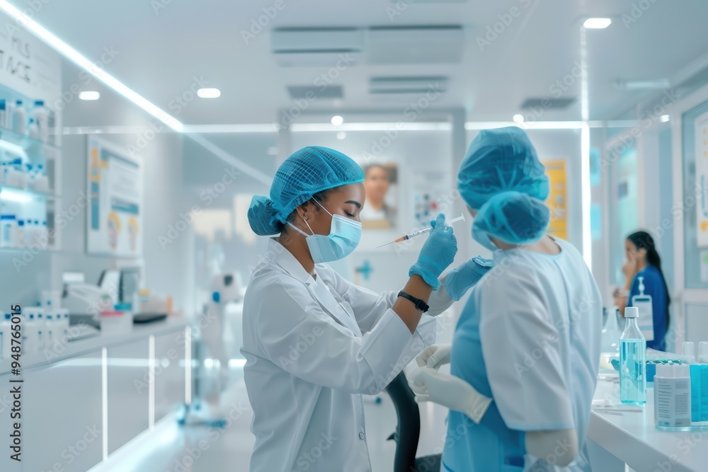 Healthcare professionals prepare for a treatment, showcasing teamwork and modern medical practices in a clinical environment. Healthcare professionals prepare for a treatment, showcasing teamwork and modern medical practices in a clinical environment.