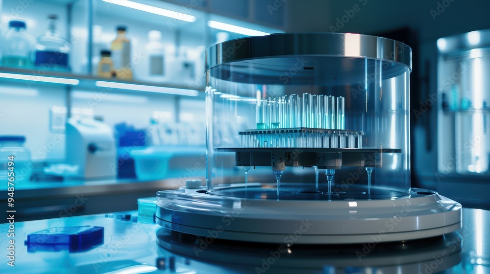 Modern laboratory equipment showcasing a detailed automated pipetting system for precise scientific research. Modern laboratory equipment showcasing a detailed automated pipetting system for precise scientific research.