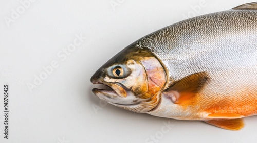 Close-up of a salmon showcasing its silver scales and vibrant colors, perfect for culinary and educational purposes. photo