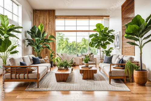 Scandinavian living room with light wood floors, modern rustic furniture, lush indoor plants, and natural beams
