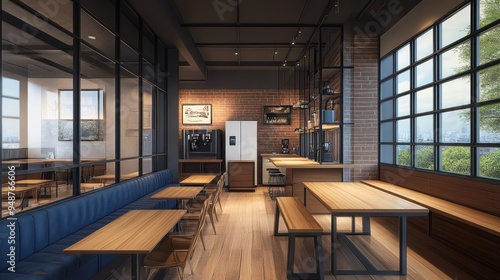 Modern office breakroom with brick wall, large window, and wood tables.