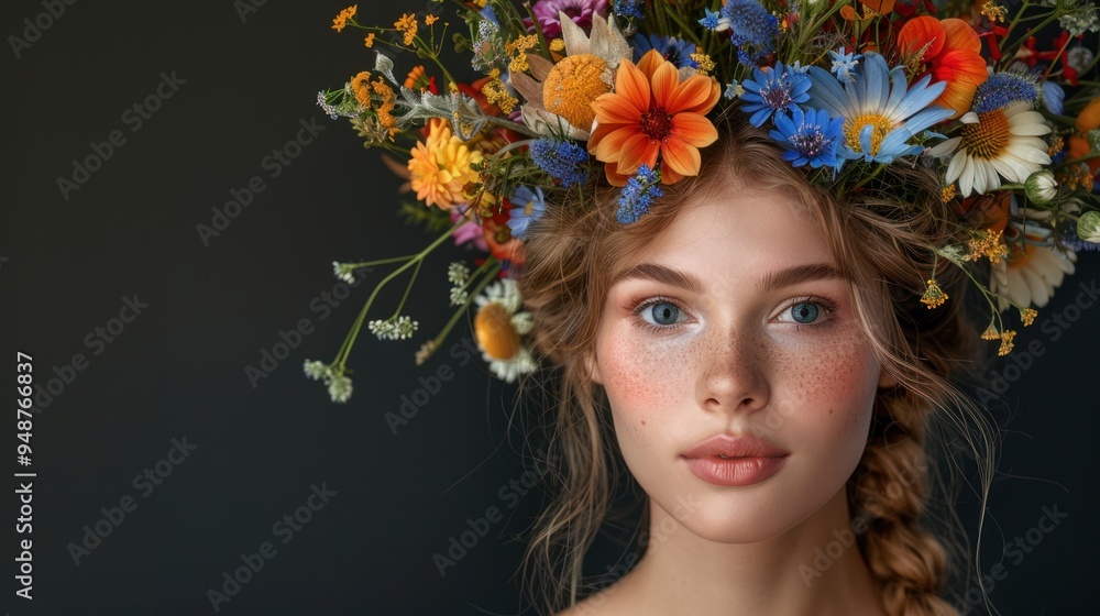 Naklejka premium Portrait of a young woman adorned with a vibrant flower crown, with flawless makeup and radiant complexion, against a dark background highlighting her beauty.