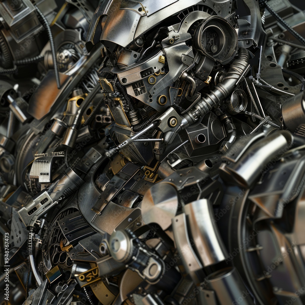Close-up of a detailed metallic robot head. Close-up of a detailed metallic robot head.