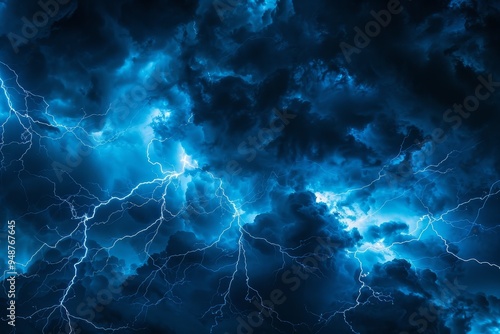 Electric blue lightning striking a darkened sky