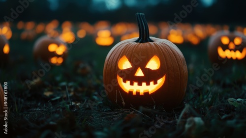 Glowing jack-o'-lanterns in...
